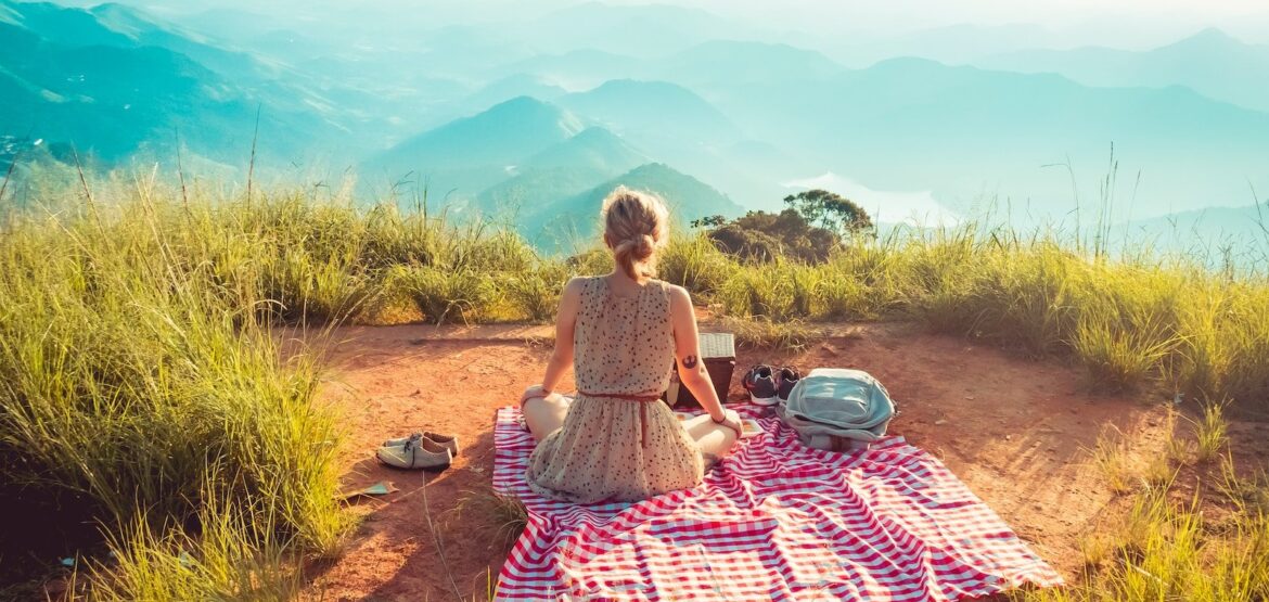 woman wearing gray sleeveless dress sitting on the picnic mat